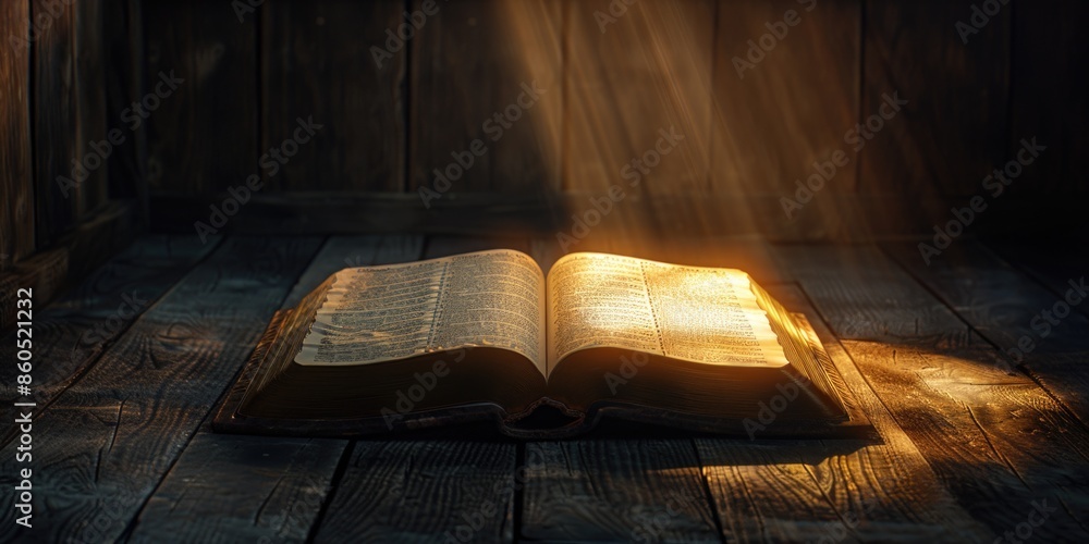 Wall mural a christian holy book opened on a wooden floor, suitable for use in church, home, or office settings