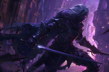 A high-resolution illustration of a drow assassin poised to strike from the shadows, with twin daggers and dark, intricate armor, set against the backdrop of an underground city