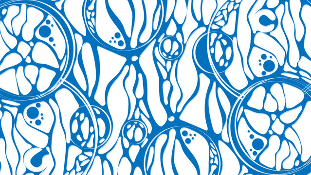 Vector blue background. Design  plex of chaotic circles, spheres, lines. Neurotrophic texture of  network. Cosmic pattern. Poster presentations, business, science, computer screensaver. 