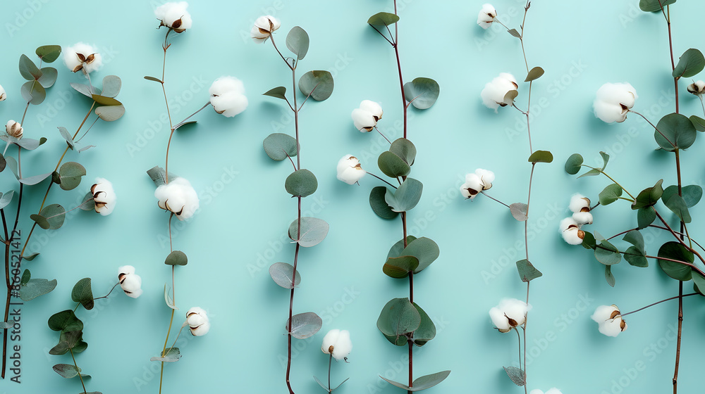 Poster flowers composition pattern made of cotton flowers and eucalyptus branches on pastel blue background
