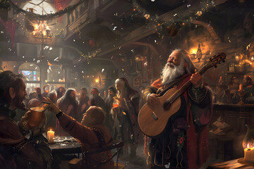 A high-resolution illustration of a gnome bard entertaining a crowd with a lute, with magical musical notes floating in the air, set in a lively tavern 