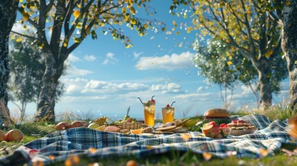 A picnic scene with a beautifully arranged blanket, snacks, and drinks, surrounded by trees and a clear blue sky.