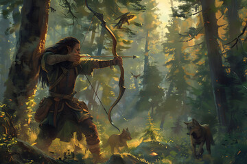 A high-resolution illustration of a half-elf ranger aiming a bow at a distant target, with forest creatures and tall trees, set in a serene woodland 