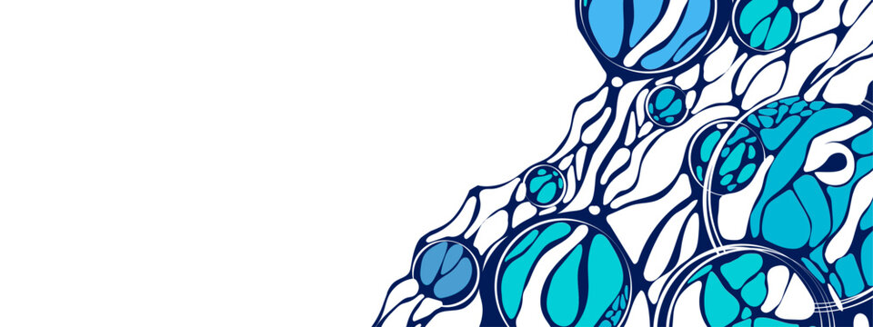 Vector blue background frame. Design  plex of chaotic circles, spheres, lines. Neurotrophic texture of  network. Cosmic pattern. Poster presentations, business, science, computer screensaver. 