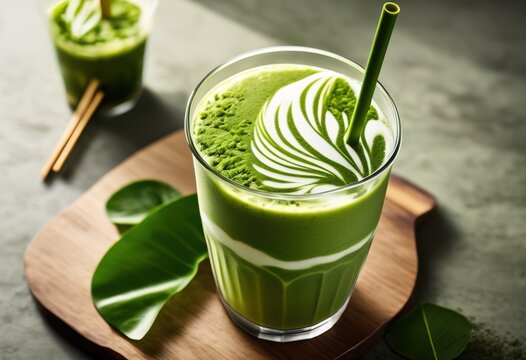 refreshing iced matcha latte bamboo straws green tea powder, beverage, cup, drink, glass, refreshment, cold, chilled, sustainable, natural, organic, healthy