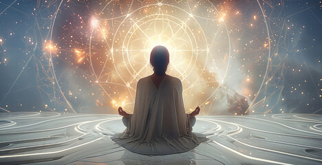 Algorithm of consciousness, sacred geometry, female in a robe. Generative AI.