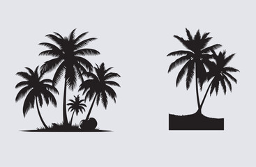  Coconut tree silhouette vector art illustration,Black palm trees set isolated on white background. Palm silhouettes. Design of palm trees for posters, banners and promotional items. Vector illustrati