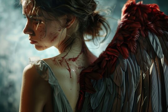A woman with blood on her face and wings, suitable for use in horror or fantasy themes