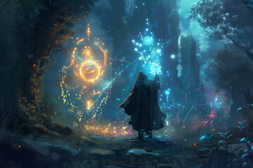 A vibrant illustration of a high elf wizard casting a protective barrier, with glowing runes and ethereal light, set in a mystical forest 