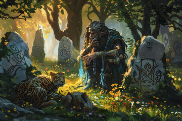A vibrant illustration of a half-orc druid communing with nature, surrounded by animals and plants, set in an ancient grove with mystical symbols carved into the stones