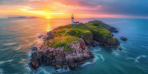 Lighthouse on a Rocky Island at Sunset