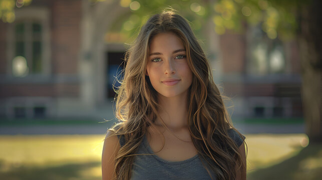 gorgeous young woman with light long brunette hair, smiling for the viewer