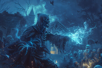A detailed illustration of a human necromancer raising an army of skeletons, with dark energy emanating from their hands, set in a spooky graveyard