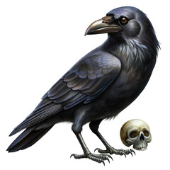 Fototapeta premium Black crow with skull realistic isolated illustration.