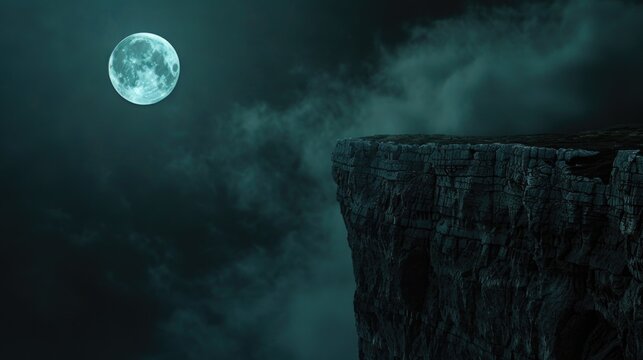 A picture of the full moon shining brightly over a rugged cliff