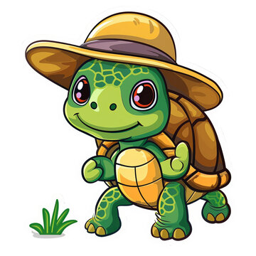 Cute cartoon turtle wearing a hat with big eyes, standing on a patch of grass. Perfect for kid's artwork and fun designs.