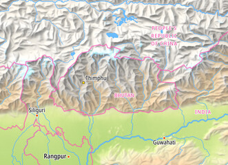 Map of Bhutan and surrounding countries With country names In English