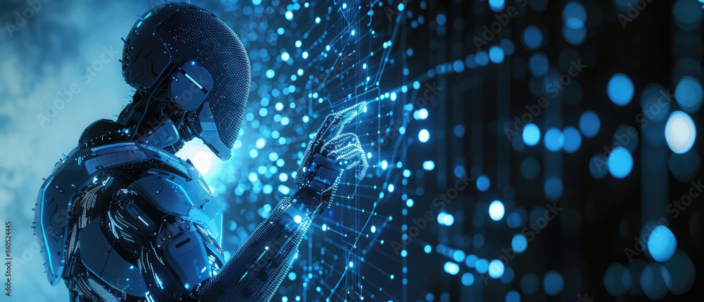 Poster ai robot interacting with holographic data in a sci-fi style. blue tones highlight the intricate dig