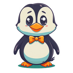 Obraz premium Cute cartoon penguin with a bow tie, large eyes, and vibrant colors, perfect for children's illustrations, posters, and educational materials.