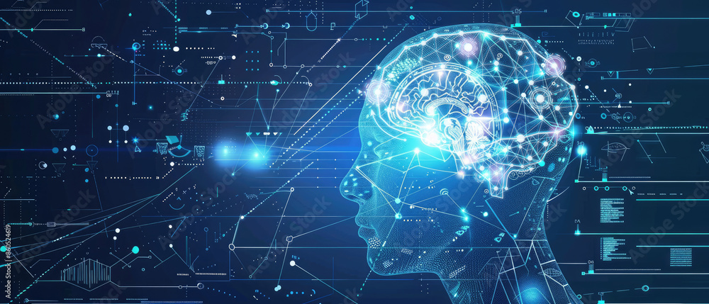 Poster holographic ai learning system in a futuristic style with complex interface. blue and white illustra
