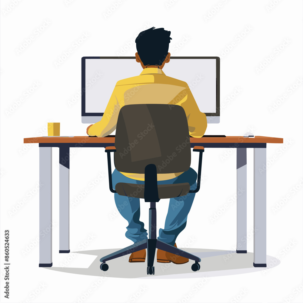 Poster man sitting at the desk in front of computer. vector illustration.