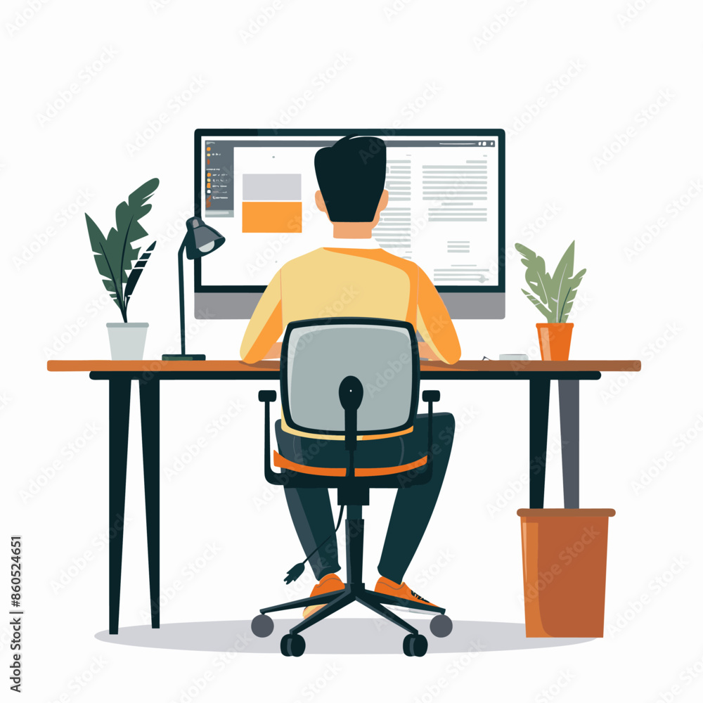 Poster man sitting at the desk and working on computer. flat vector illustration.
