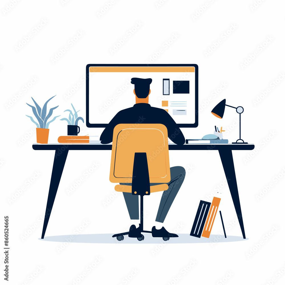 Poster man working on computer in office. vector illustration in flat style.