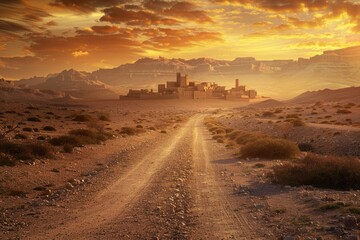 A single-lane road in the middle of a desert with sandy dunes and no signs of civilization