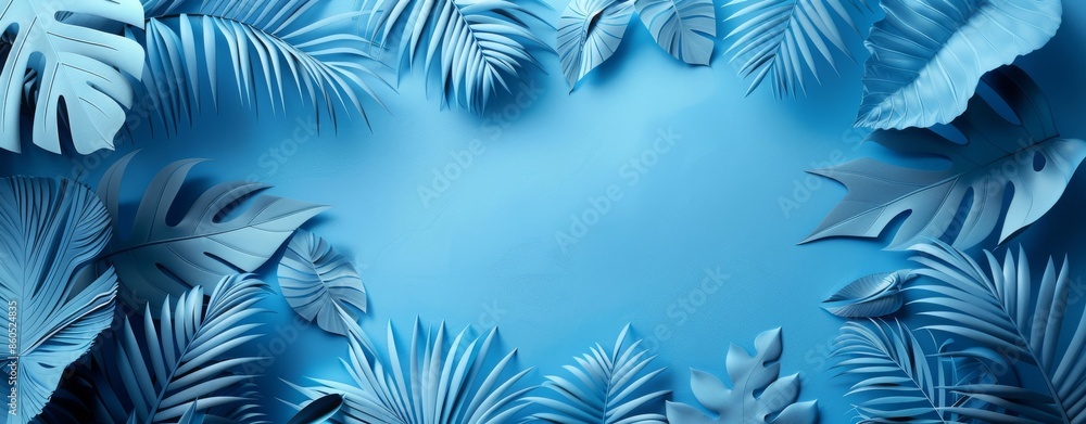 Poster a blue background with various cutout palm leaves, creating an elegant and modern design for social 