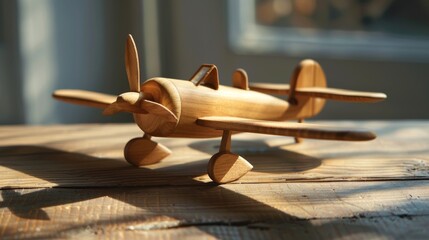 Wooden Toy Airplane on Sunlit Table. Vintage Charm and Childhood Nostalgia