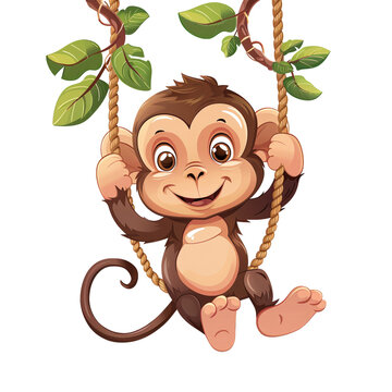 Cute cartoon monkey swinging on a vine with green leaves. Perfect for children's illustrations and educational materials.