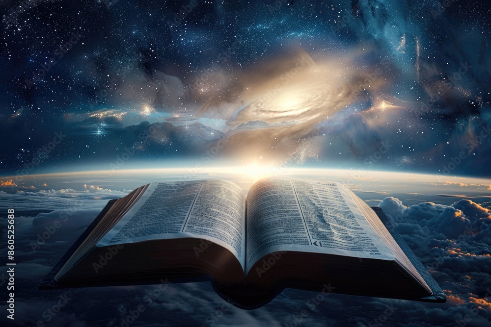 Poster an open book floating in the sky, showing a view of the earth below