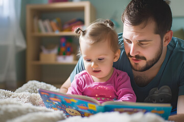 Obraz premium Father reading a kids book to his toddler daughter. Happy father's day.