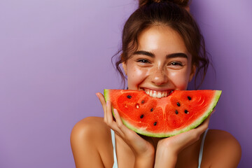 Smiling young woman holding slice of sweet watermelon on purple background.