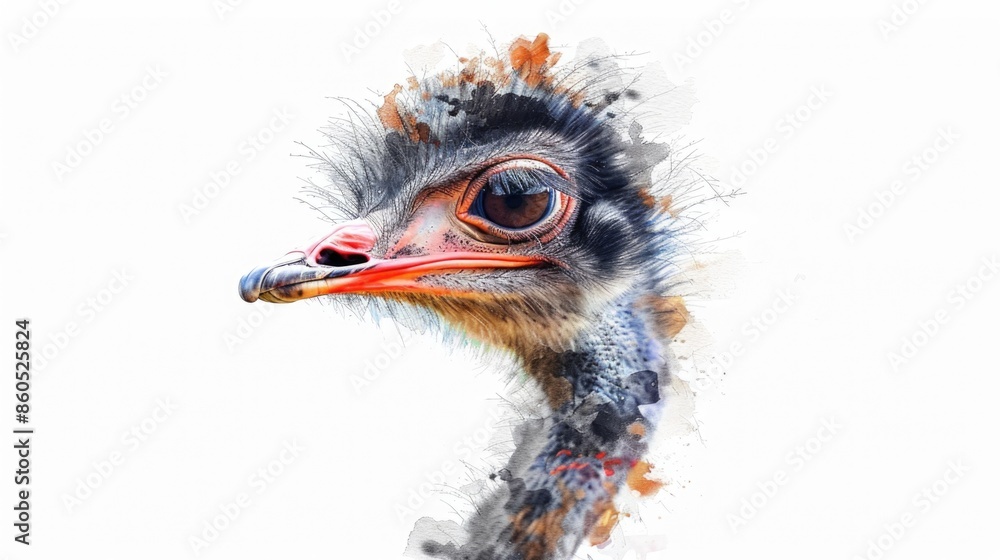 Poster a close-up view of an ostrich's head showing its distinctive features