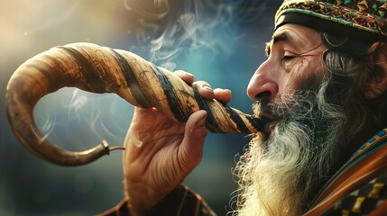 Eyecatching Blowing the Shofar rams horn on Rosh Hashanah and Yom Kippur celebration day