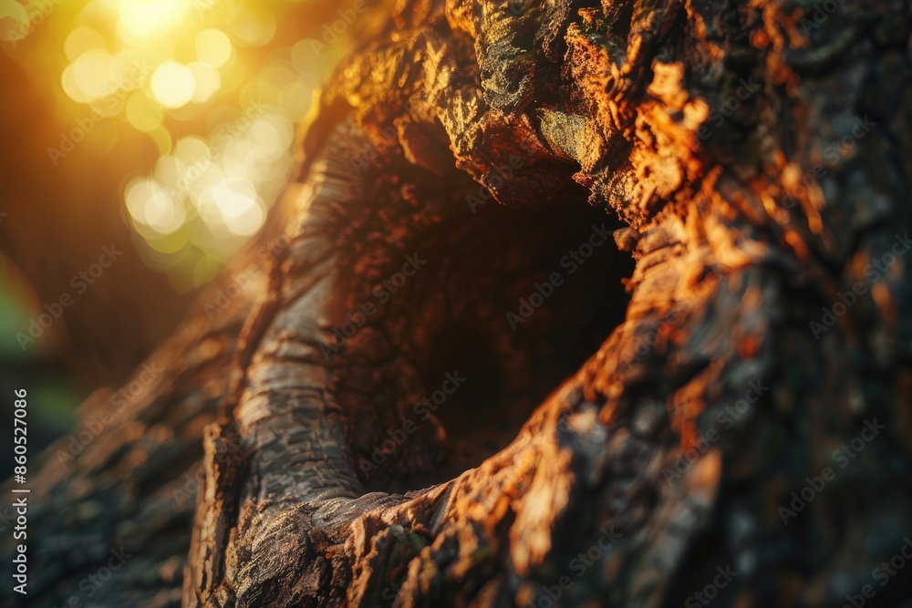 Poster a close-up shot of a tree trunk with a hole drilled into it, suitable for use in illustrations about