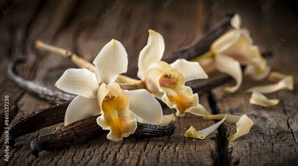 Poster vanilla flowers and pods close up vanilla beans over wooden background macro shot aromatic condiment