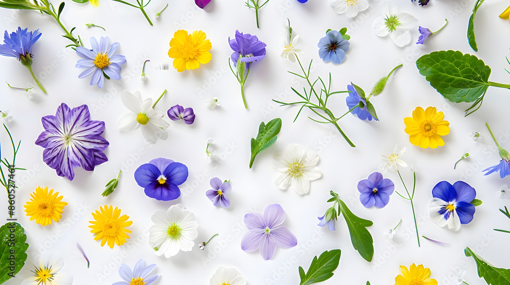 Poster meadow flower creative pattern daisy cardamine dandelion scilla and viola flowers with leaves on whi