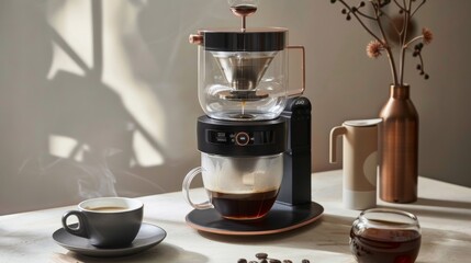 Modern Drip Coffee Maker on Kitchen Counter with Steam and Freshly Brewed Coffee