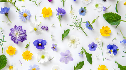 Obraz premium Meadow flower creative pattern Daisy cardamine dandelion scilla and viola flowers with leaves on white background Design element Springtime and summer concept Top view flat lay : Generative AI