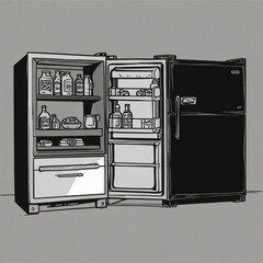 Refrigerator color full vector
illustration with food icons in a refrigerator related words in hand drawn style and on the grid background.  vector sketch design and illustration is hand-drawn.
