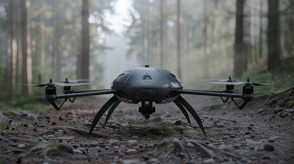 Advanced Drone in Misty Forest Capturing Nature's Beauty with High-Tech Precision