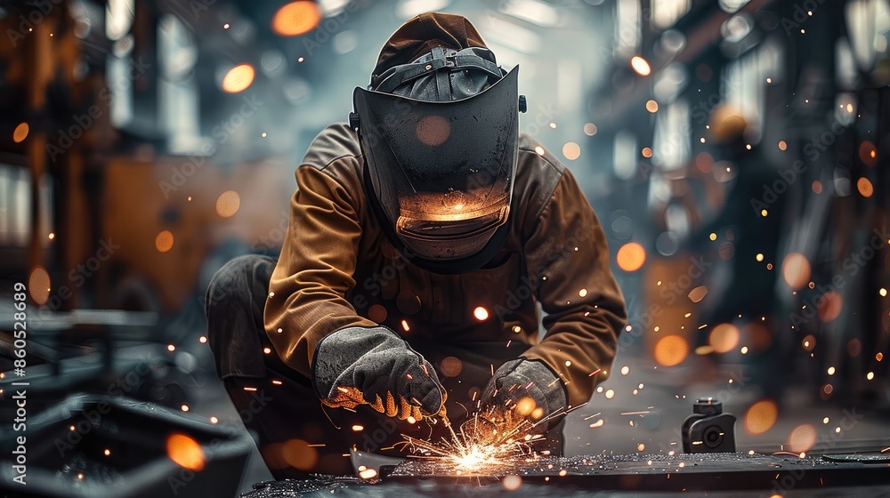 Poster a welder in work. worker welding a piece of metal while assembling a metal construction for project.