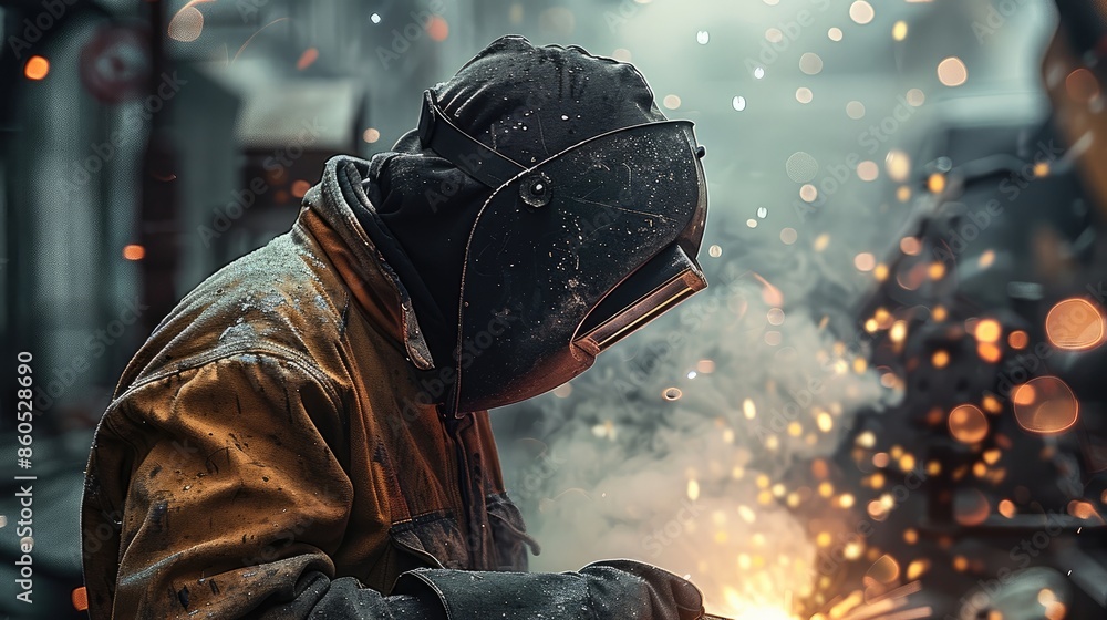 Poster a welder in work. worker welding a piece of metal while assembling a metal construction for project.