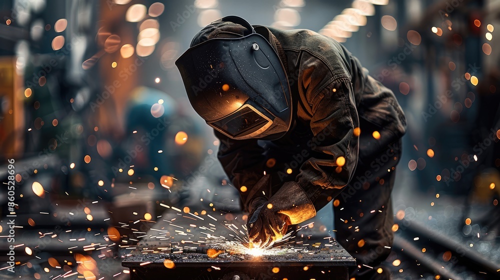 Poster a welder in work. worker welding a piece of metal while assembling a metal construction for project.