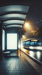 A futuristic bus stop at night with a speeding bus and modern lighting. Blank mockup bus stop
