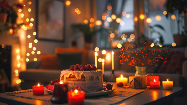 Cozy Celebration with Cake and Candles. A festive table setup with a cake and lit candles, creating a warm and inviting atmosphere perfect for celebrations.