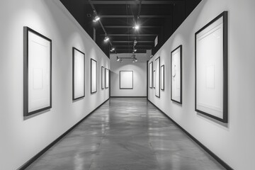 Long corridor with multiple framed images on the walls