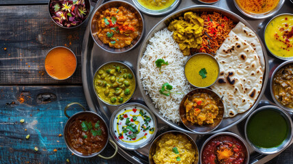 Festive Indian Thali with Dal, Curry, Roti, and Chutneys Arranged on Stainless Steel Platter in Vibrant Display of Colors and Textures